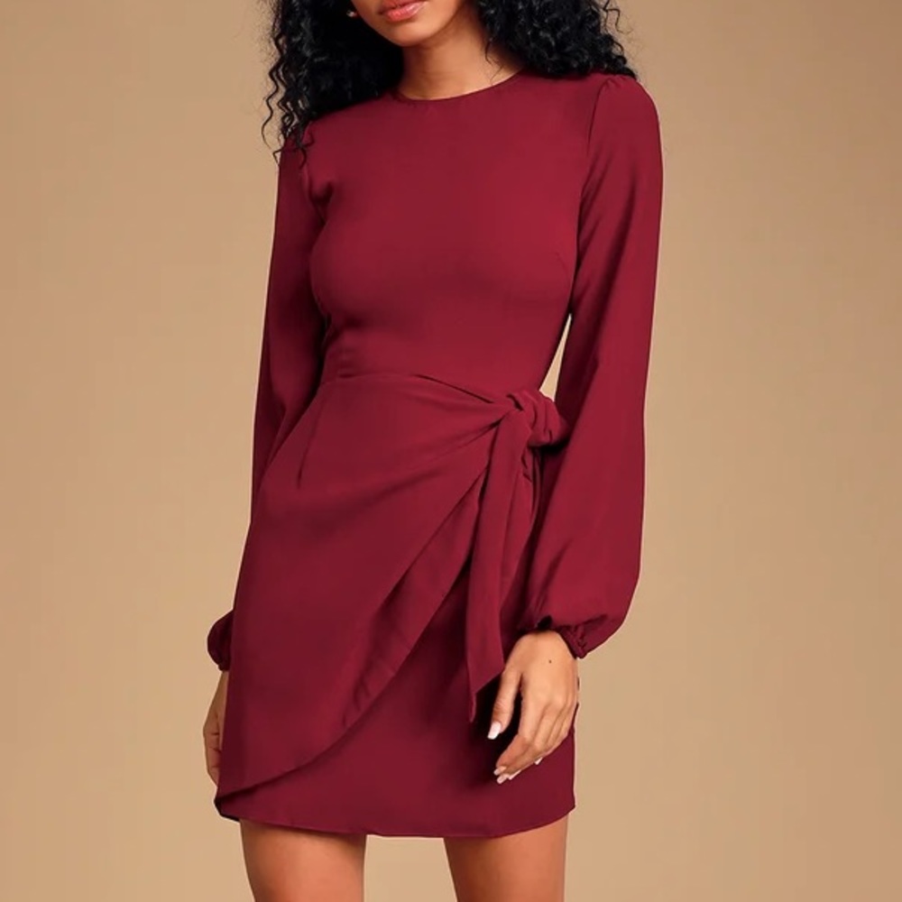 Believe It or Knot Wine Red Long Sleeve Tie-Front Skater Dress